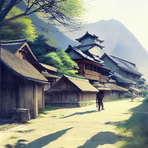 Image similar to walking around rural shirakawa - go, gifu, japan. volumetric lighting, spring late morning, nice slight overcast weather, realistic illustration, perfectly shaded, soft painting, low angle, art by krenz cushart and wenjun lin