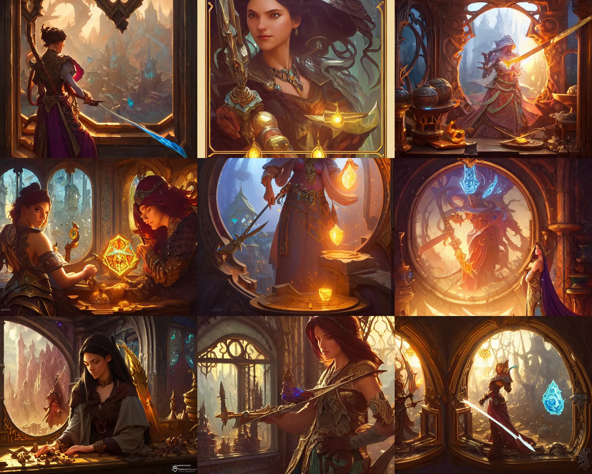 Image similar to shop window for magical weapons, close up shopkeeper, magic sword, deep focus, d & d, fantasy, intricate, elegant, highly detailed, digital painting, artstation, concept art, matte, sharp focus, illustration, hearthstone, art by artgerm and greg rutkowski and alphonse mucha