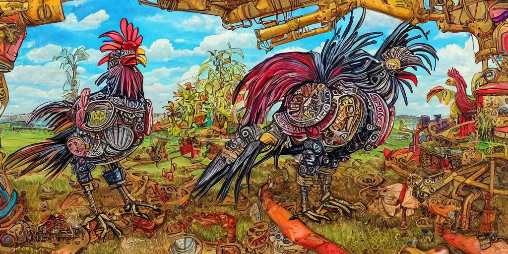 Prompt: colorful illustration of a fully armoured mechanical rooster in a farm landscape, steampunk, mix of styles, detailed, hand painted