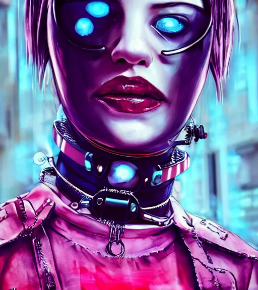 Image similar to detailed realistic female character cyberpunk wearing thick steel collar around neck, realistic, art, beautiful, 4K, collar, choker, collar around neck, punk, artstation, detailed, female, woman, choker, cyberpunk, neon, punk, collar, choker, collar around neck, thick collar, tight around neck, punk, leather collar, cyberpunk,