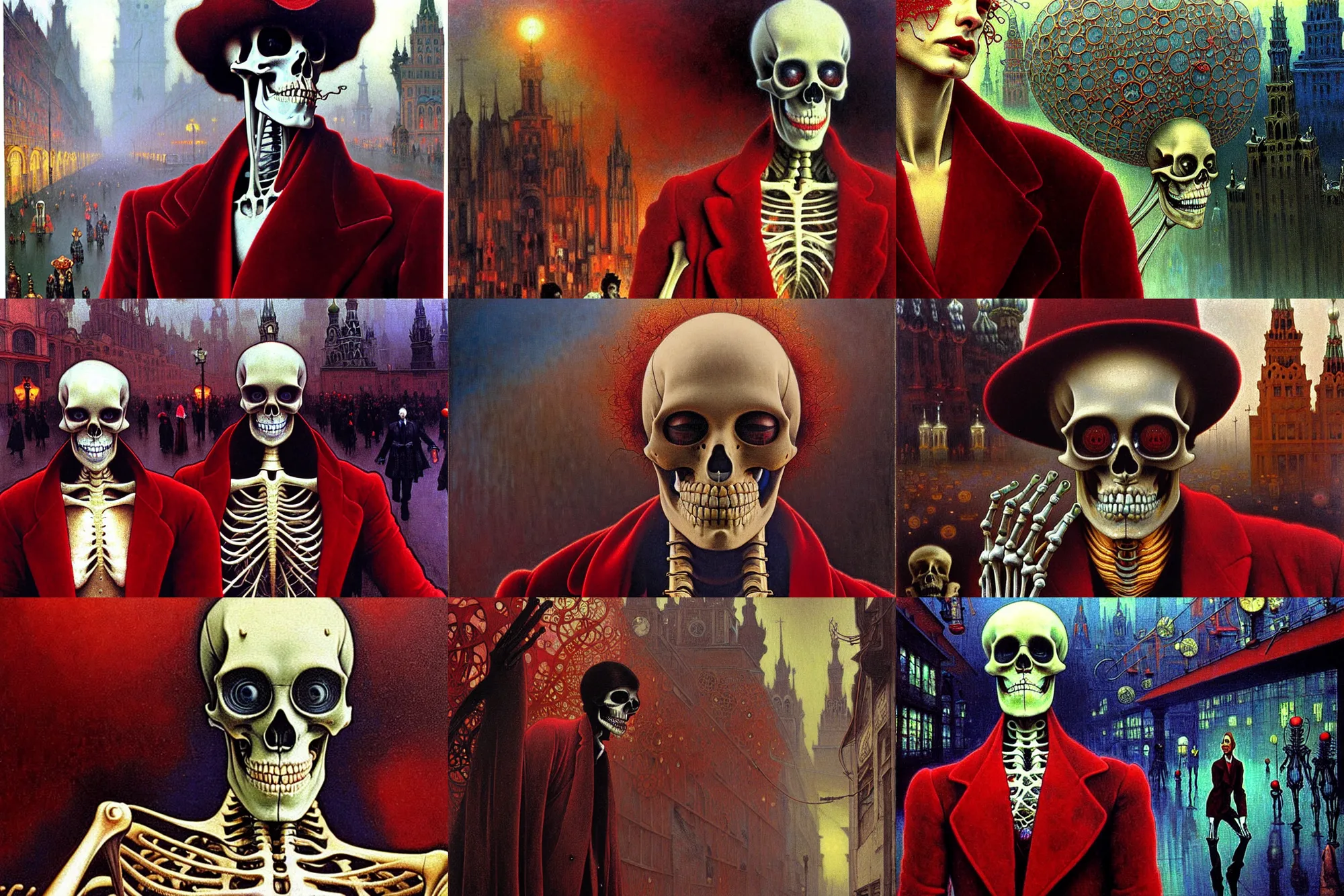 Prompt: realistic extremely detailed movie still closeup portrait painting of a single skeleton wearing crimson velvet blazer in a foggy crowded futuristic moscow street by denis villenueve, amano, yves tanguy, alphonse mucha, ernst haeckel, jean delville, ilya repin, edward robert hughes, andrei tarkovsky, roger dean, rich moody cold colours, closeup
