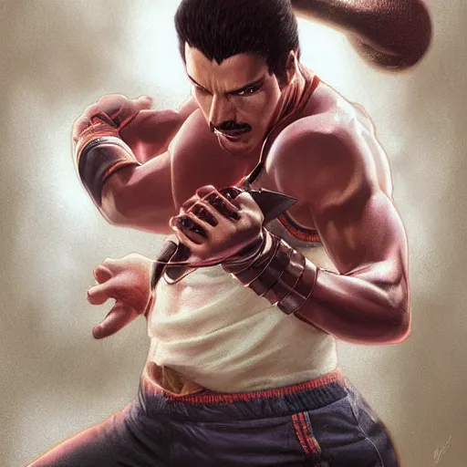 Prompt: ultra realistic freddy mercury from ryu from street fighter, portrait, 4 k, ultra realistic, detailed focused art by artgerm and greg rutkowski and alphonse mucha
