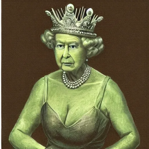 Prompt: the queen of england as reptile, big reptilian eyes, reptiloid