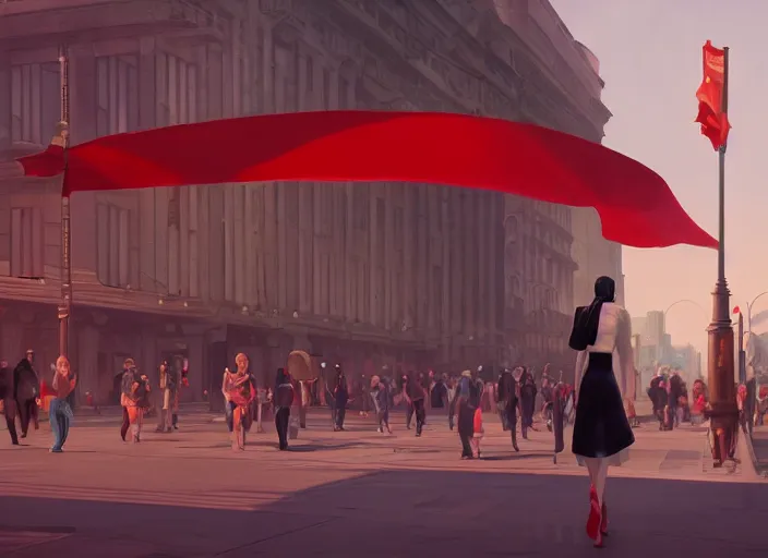 Image similar to inspiring beautiful girl a red propaganda flag walking through crowd in a beautiful futuristic city by Edward Hopper and Dan Mumford, Unreal Engine 5, Lumen, Nanite