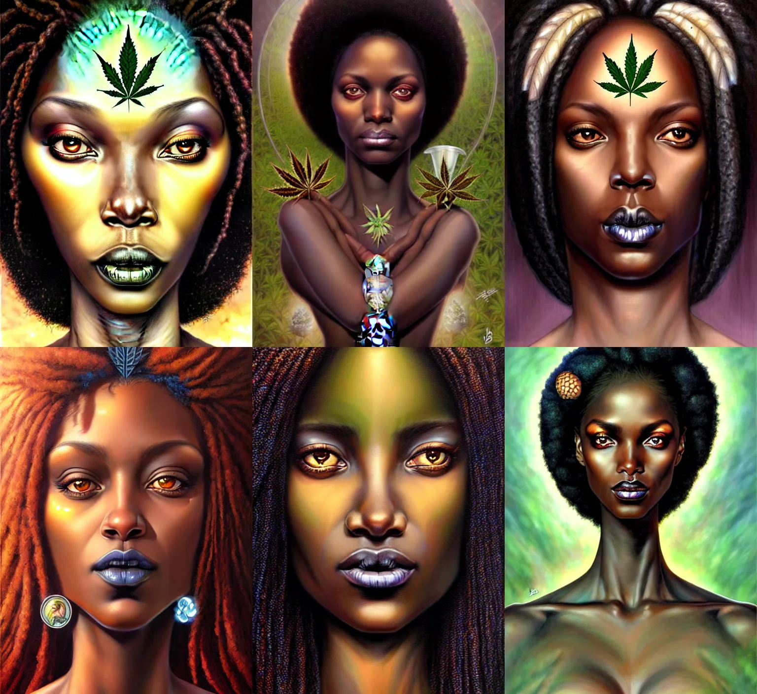 Prompt: stunning goddess of weed portrait, clear eyes and dark skin. realistic, symmetrical face. art by bowater charlie, mark brooks, julie bell, arian mark, tony sandoval