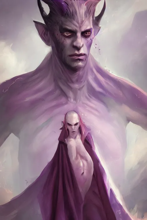 Prompt: djinn man male demon, portrait, full body character, concept art, purple cloak, single face, illustration, white horns, single face, cinematic color grading, editorial photo, fashion, hyperrealism, trending on artstation, Charlie Bowater, WLOP