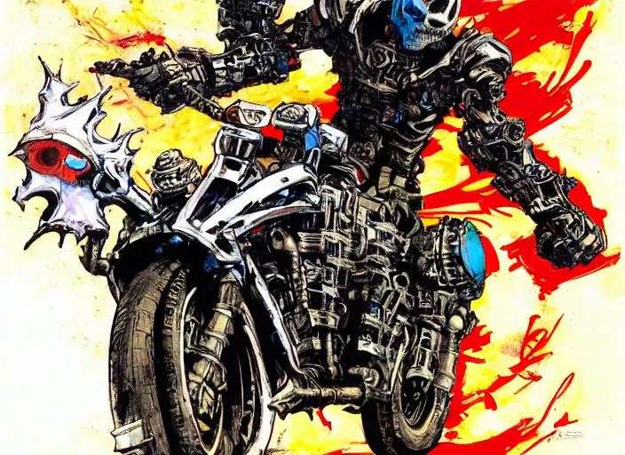 Image similar to marvel ghost rider, wearing futuristic cybernetic battle armor, riding a cyberpunk styled akira motorcycle, by ashley wood, yoji shinkawa, jamie hewlett, 6 0's french movie poster, french impressionism, vivid colors, palette knife and brush strokes