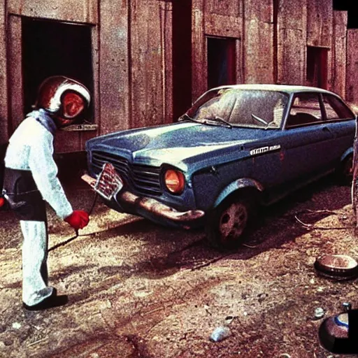 Prompt: alien is repairing an old lada near garages, soviet space, top secret style, realistic photo, 1 9 7 0 s, color