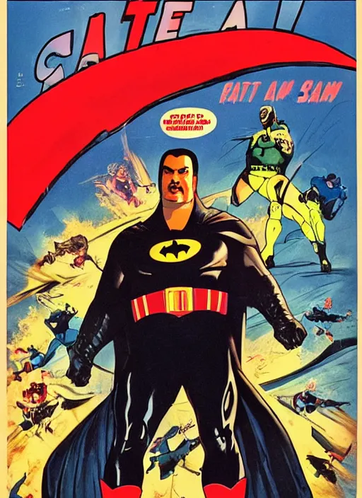 Prompt: an 8 0's john alvin superhero movie poster starring steven seagal face as fat batman movie is called fat bat man, cinematic