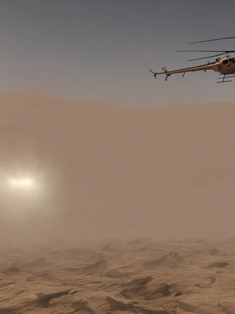 Image similar to a helicopter flying over a sand hills covered in dust, desert environment, extremely detailed matte painting by jeremy geddes, featured on cg society, video art, reimagined by industrial light and magic, anamorphic lens flare, # vfxfriday