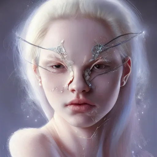 Image similar to A masterpiece portrait of a A model-looking albino girl with large piercings. Greek nose. Goddess of life and love trending on artstation, digital art, by Stanley Artgerm Lau, WLOP, Rossdraws, James Jean, Andrei Riabovitchev, Marc Simonetti, Yoshitaka Amano