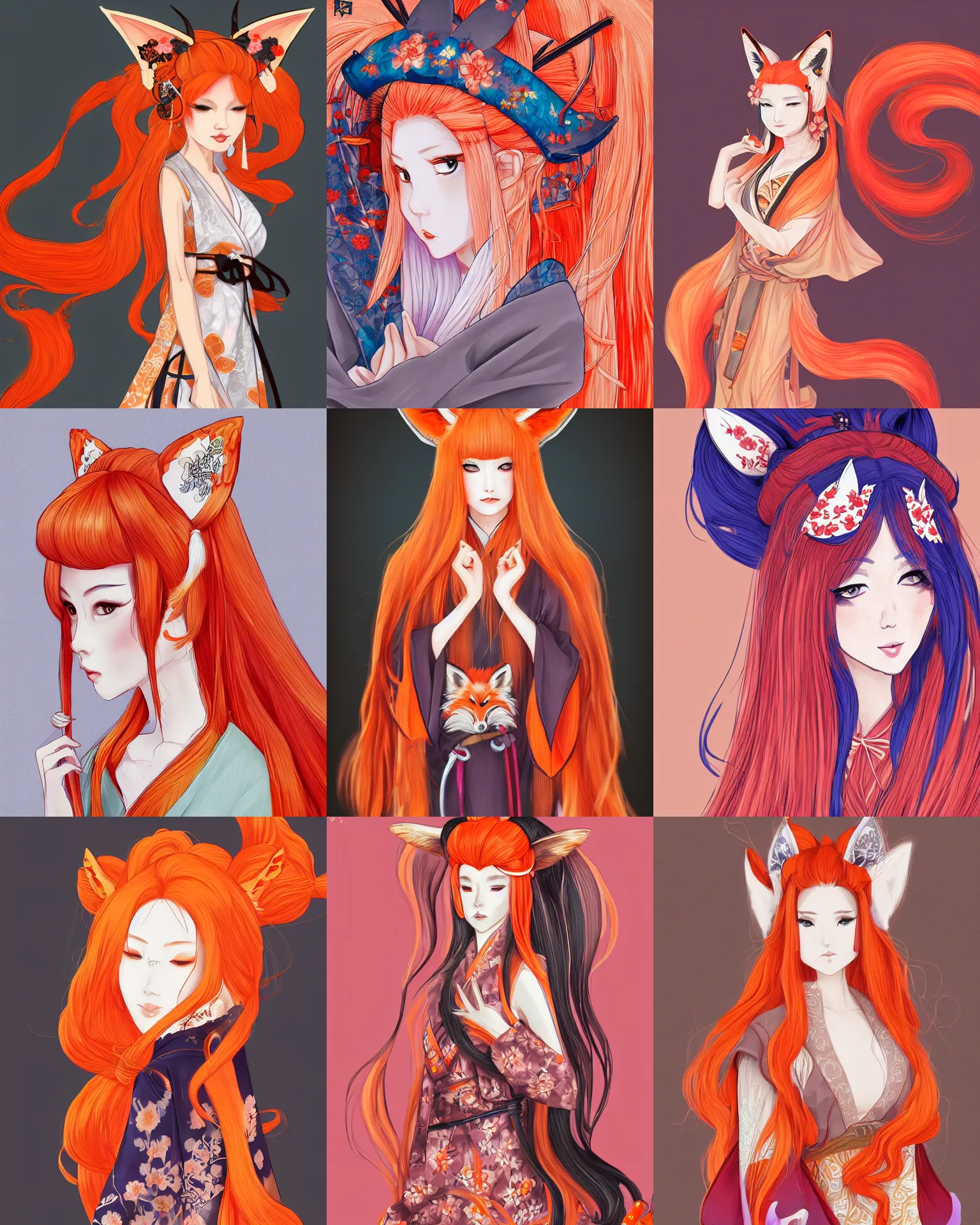 Prompt: A beautiful traditional kitsune woman with long orange hair and fox ears wearing a kimono, WLOP, digital drawing, trending on ArtStation