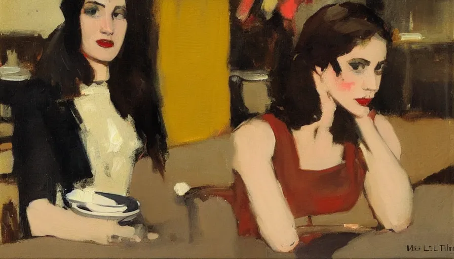 Image similar to painting by malcolm t liepke, young woman in cafe, detailed, stunning