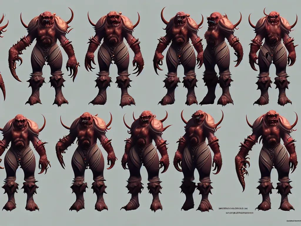 Prompt: highly detailed moba artstation character design sheet for a group of sci - fi mechanical orc, hethe srodawa, moebius, game assets, unreal engine, unity, concept art