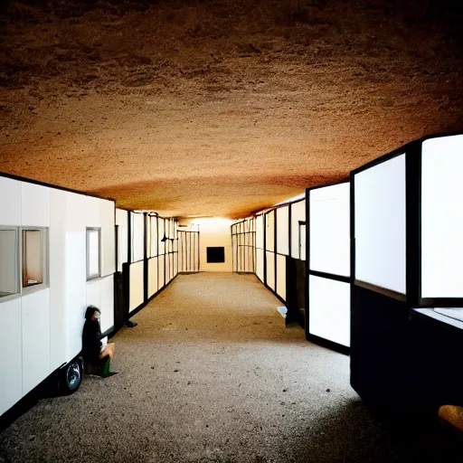 Image similar to noisy photograph of outside tiny homes in liminal underground, office ceiling panels, retrofuturism, brutalism, minimalist, cinematic, soft vintage glow
