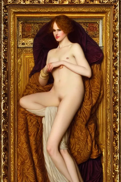 Prompt: beautiful golden portrait of a Nicole Kidman as Grande Odalisque, intricate oil painting by John William Godward by Anna Dittman by Jean-Auguste-Dominique Ingres, Neo-Gothic, Neoclassical, art nouveau, Nicole Kidman