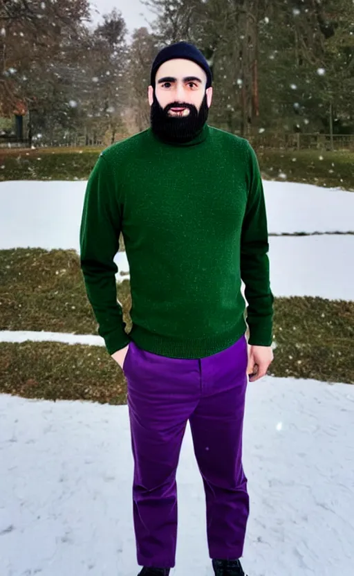 Prompt: a young man with a chin - style dark brown beard without mustache in a dark black cap, green turtleneck, purple pants and snow white sneakers in full height, perfect smooth face