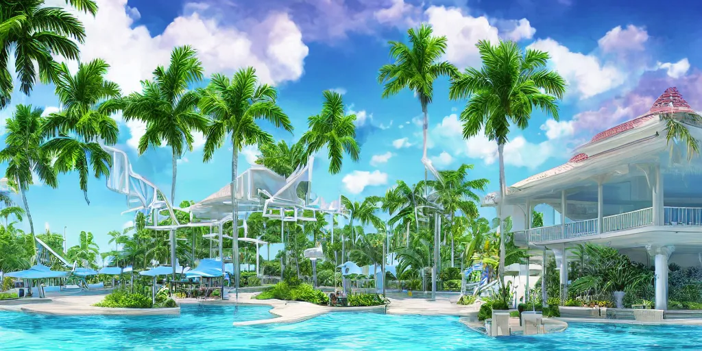 Image similar to hyperrealistic surreal virtual world of a florida keys resort with palm trees around a pool, a surreal vaporwave liminal space, minimalist architecture, metaverse, highly detailed, calming, meditative, dreamscape