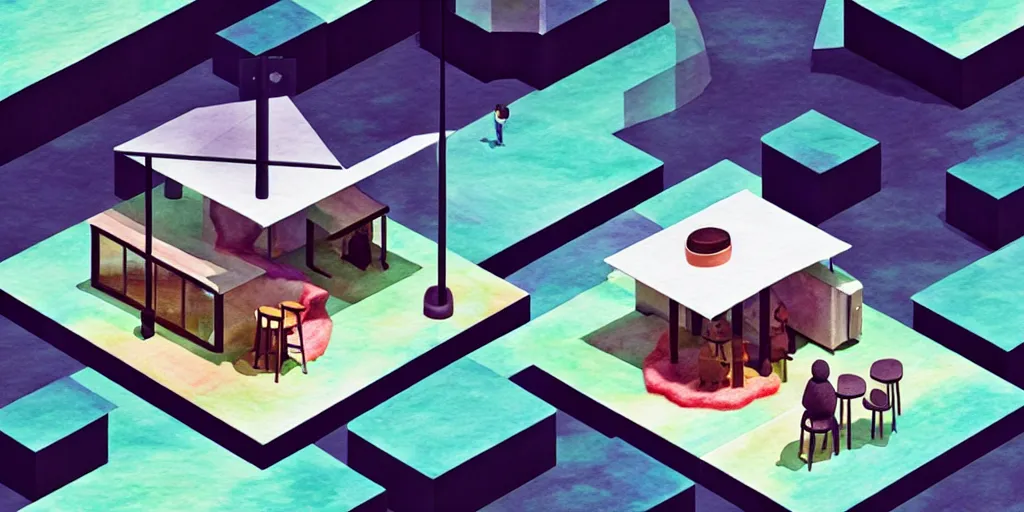 Image similar to an indoor modern cafe, watercolor and wool felting style, design by beeple, isometric style