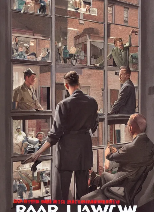 Image similar to rear window ( 1 9 5 4 ) poster, highly detailed, centered, digital painting, artstation, concept art, movie poster, smooth, sharp focus, illustration, artgerm, donato giancola, joseph christian leyendecker, les edwards, ed repka, basil gogos, wlop