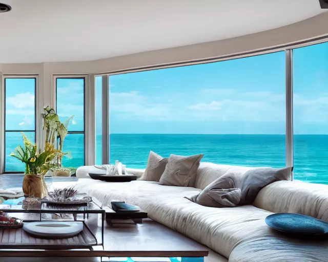 Prompt: A modern living room in a ocean hues style next to a big terrace overlooking the ocean, a luxurious wooden coffee table with large seashells on top in the center, inspired by the ocean, calm, relaxed style, harmony, wide angle shot, 8k resolution, ultra detailed