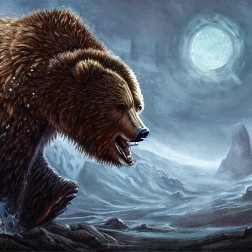 Image similar to a ferocious grizzly bear monster with 4 arms, fantasy concept art, detailed, epic pose