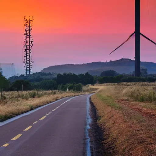 Prompt: a road in a industrial zone, and a hill behind it with a radio tower on top, sunset