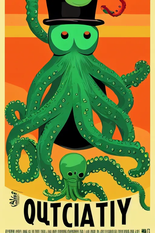 Prompt: a movie poster for the film (green octopus wearing a top hat) by Tom Whalen, highly detailed, award winning creature portrait, surrealism, artstation