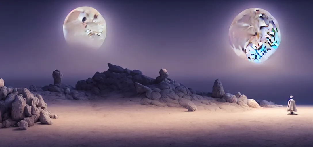 Image similar to octane render uhd, filmic lighting, cinematic art shot, hyperrealistic, hyperdetailed, super detailed, 8 k, high resolution, sandy white moon landscape, white rocks made of bone, 8 k uhd matte painting by ross tran and ivan aivazovsky, mega high white mountain, midnight