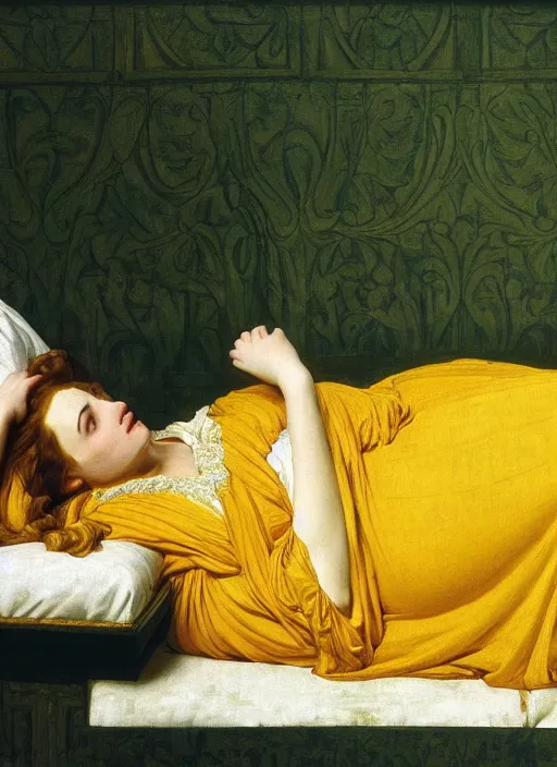 Image similar to masterpiece portrait of lady reclining on bed wearing yellow ochre ornate medieval dress, vertical, foreshortening, colour photography by frederic leighton, william morris, 8 k