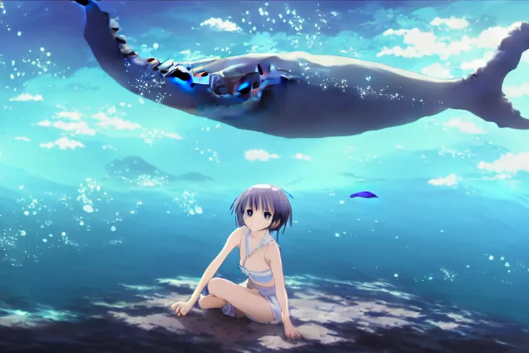 Image similar to a panorama distant view under the water, underwater world, anime art full body portrait character concept art, hyper detailed cg rendering of a cute girl and whale, anime key visual of violet evergarden, finely detailed perfect face, style of raphael lacoste, makoto shinkai, violet evergarden, studio ghibli, james jean, hayao miyazaki, extremely high quality artwork