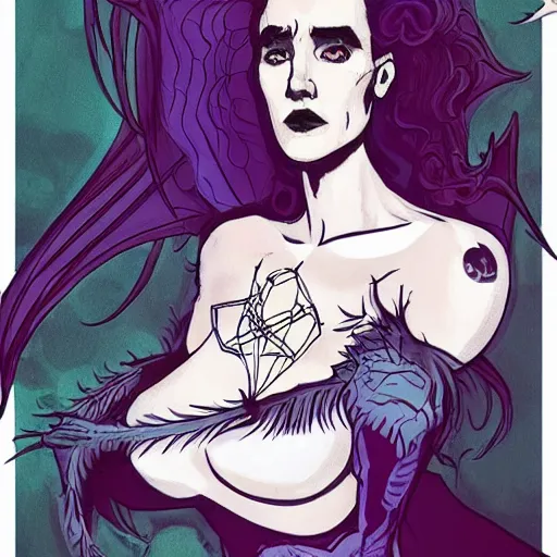 Image similar to Jennifer Connelly as dark fae gothic atompunk evil Disney villain queen with black feather hair, feathers growing out of skin, shedding feathers, in front of space station window, Mike mignola, trending on artstation, comic book cover, illustration