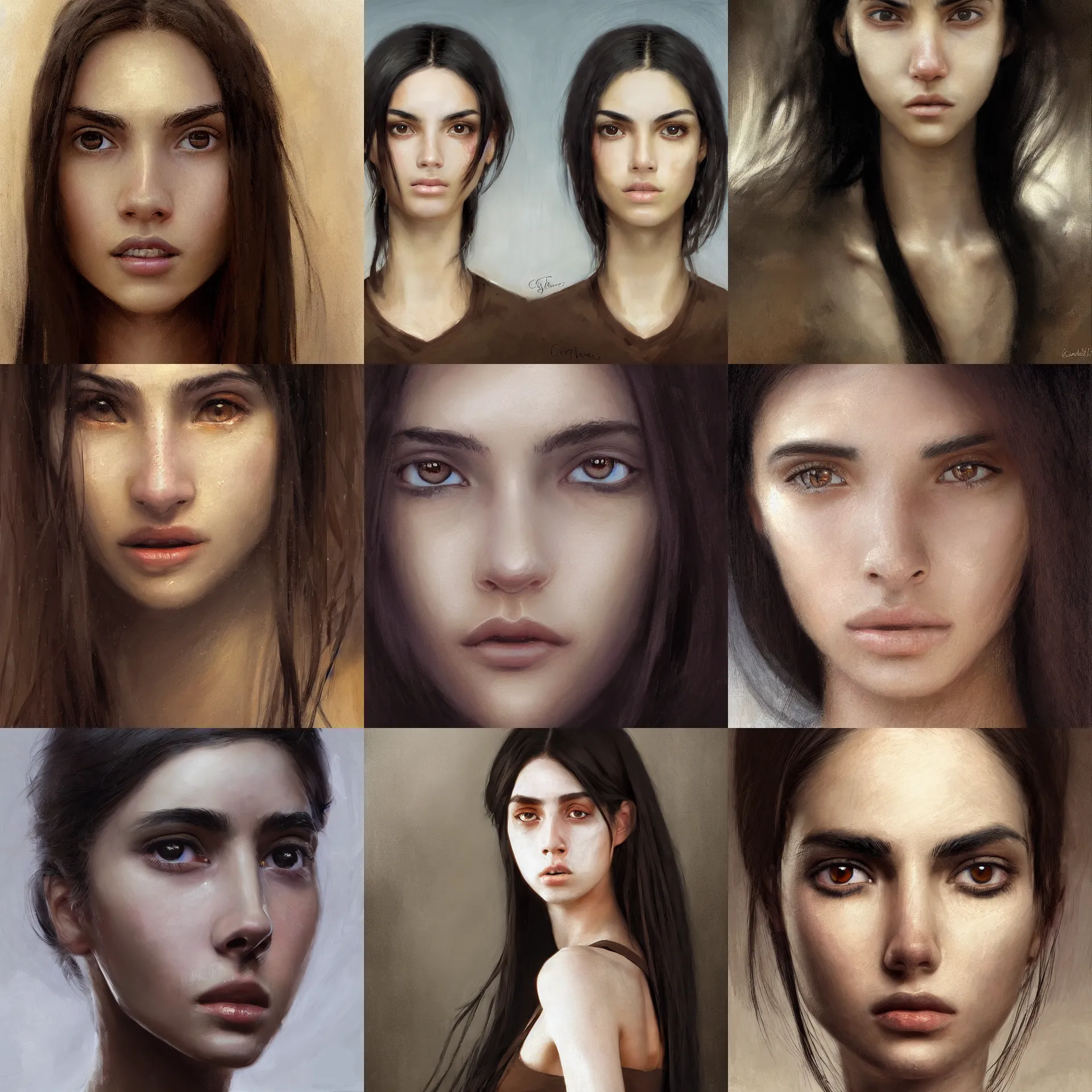 Prompt: digital art painting of a skinny 2 0 years old white skin young latino woman, long black straight hair, thick eyebrows, small eyes, small straight nose, strong defined jaw, brown eyes painted by craig mullins and gaston bussiere and greg rutkowski, symmetrical facial features, symmetrical face, defined facial features, dramatic lighting, close up