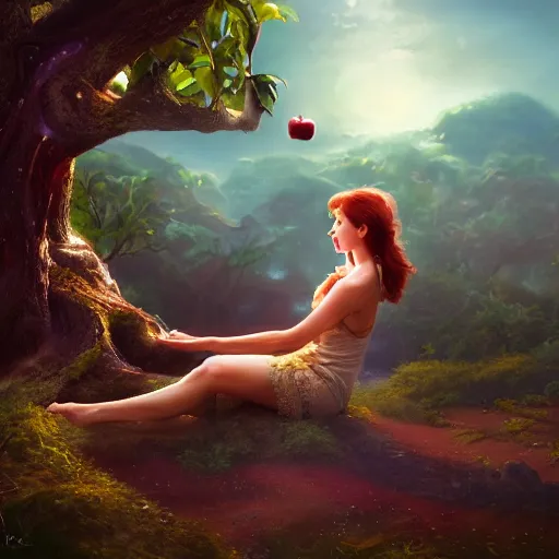 Prompt: Eve taking a bite from the apple in the garden of eden by Jessica Rossier