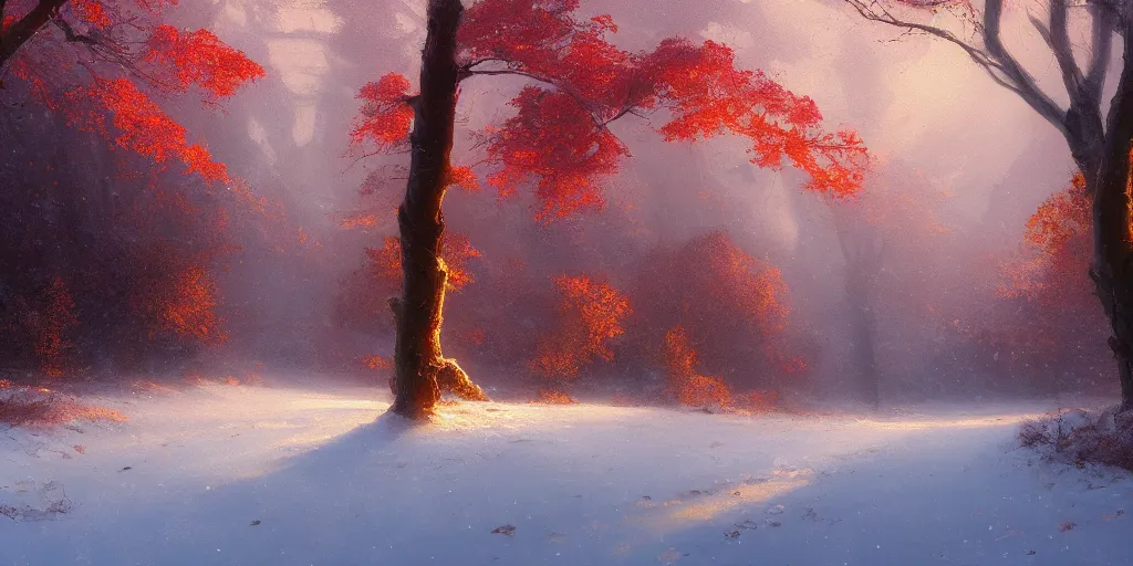 Image similar to A beautiful oil painting of a valley covered in snow, trees with red and orange leaves, yellow lighting, gloomy, atmospheric lighting, detailed, by greg rutkowski, trending on artstation