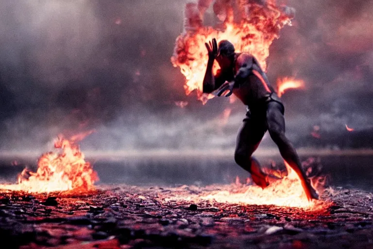 Image similar to a cinematic wide - angle photograph of a mutant made of fire walking through a river in a vast serene landscape, beautiful lighting, high depth, ultra realistic, artistic, by zack snyder and john harris