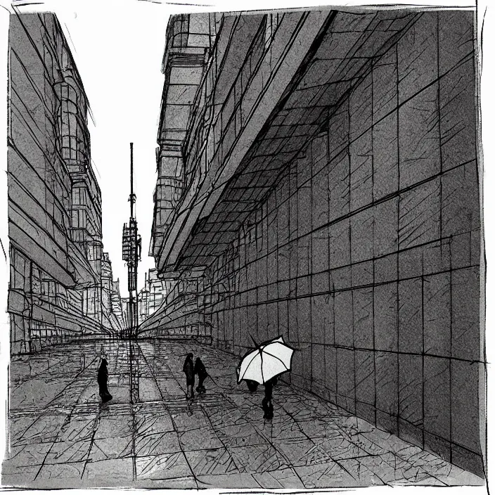 Prompt: folded umbrellas on a stall, in a square, pedestrians walk past. background of old soviet monument. storyboard, scifi cyberpunk. by gabriel hardman, joe alves, chris bonura. cinematic atmosphere, detailed and intricate, perfect anatomy