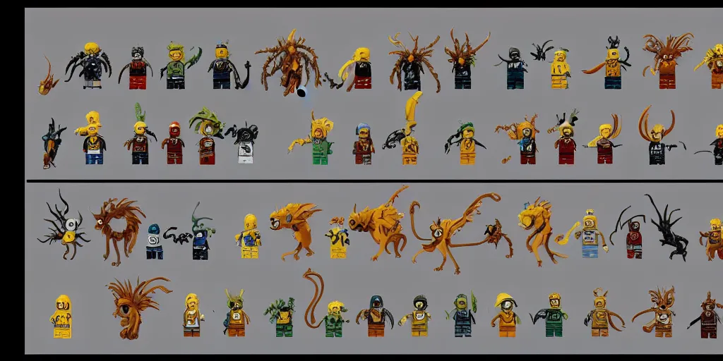 Prompt: creatures called critters, made out of a single lego brick. cute looking, sharp focus, moebius, character sheet, game concept art, brush work