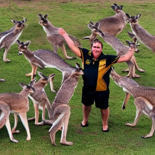 Prompt: typical Australian darts player leading an army of kangaroos into battle