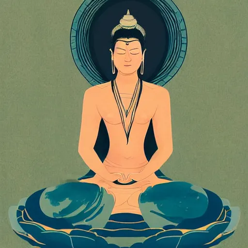 Image similar to contented female bodhisattva, praying meditating, portrait illustration by Conrad Roset