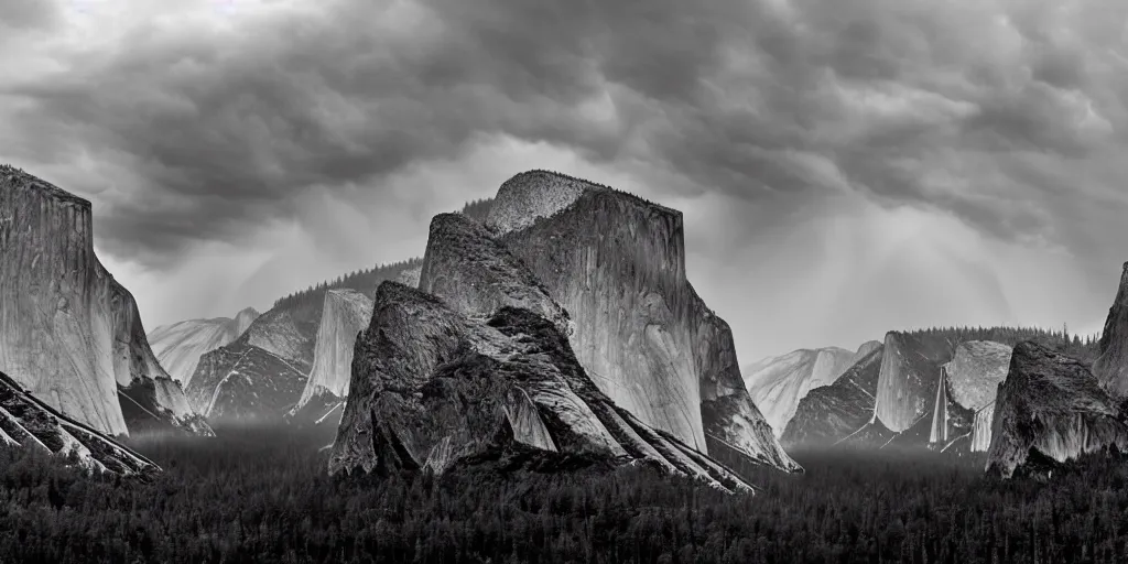 Image similar to yosemite national park during a thunder storm award winning photography by ansel adams