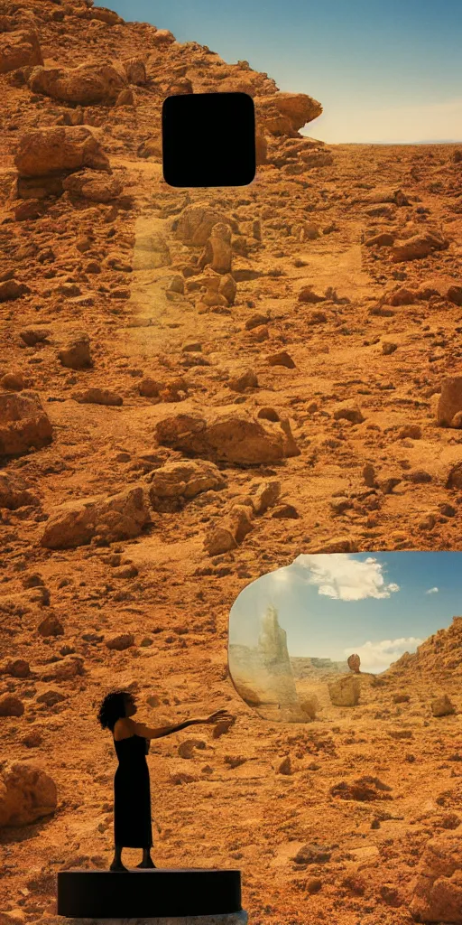 Image similar to levitating silhouette with full - face golden glowing mask in a dry rocky desert landscape, visible sky and sunny atmosphere, fata morgana and giant square mirrors by alejandro jodorowsky, anamorphic lens, kodakchrome, practical effects, masterpiece, 8 k