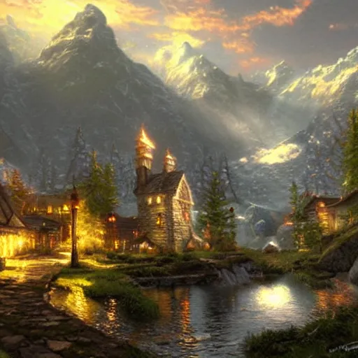 Prompt: thomas kinkade painting of dragonsreach, skyrim