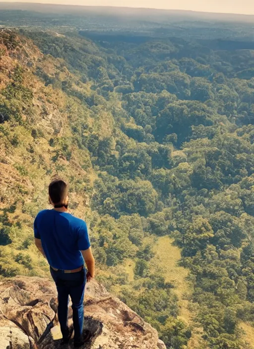 Image similar to a man standing on a viewpoint looking out over a beautiful landscape where new and exciting adventure and potential await