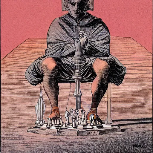 Image similar to a person with a chess piece for a head, by moebius