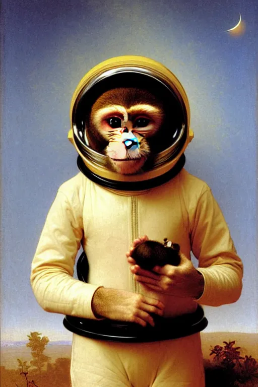 Image similar to portrait of one monkey in astronaut helmet, by bouguereau