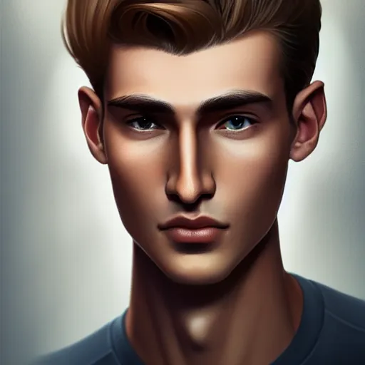 Image similar to tall man in his twenties with brown blond short quiff hair and thin slightly round facial structure with cleft chin, straight eyebrows and prominent nose, good definition of cheekbones, big hazel nut brown eyes, narrow face, slim body, atmospheric lighting, painted, intricate, 4 k, highly detailed by charlie bowater