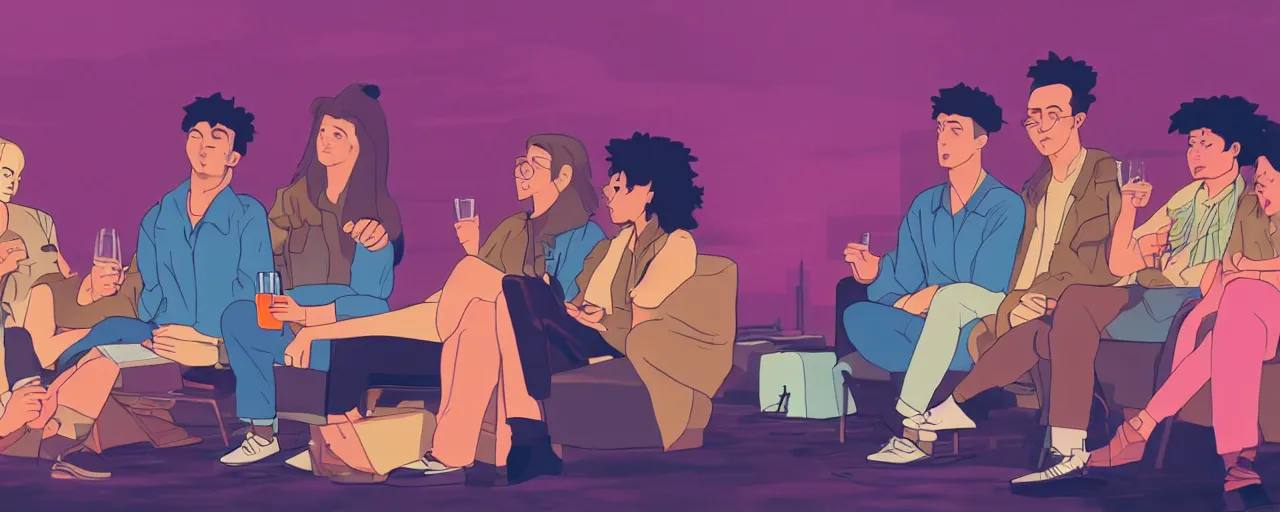 Image similar to a group of gen z friends sitting around talking about climate change while drinking old fashions, vaporwave cartoon