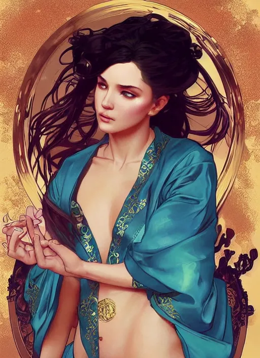 Prompt: gorgeous michi wearing a silk robe, digital painting, artstation, concept art, sharp focus, illustration, art by artgerm and greg rutkowski and alphonse mucha