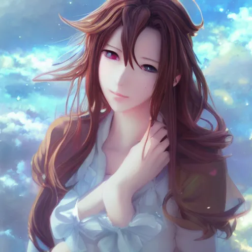 Image similar to beautiful anime art of aerith gainsborough by WLOP, rossdraws, Logan Cure, Mingchen Shen, BangkuART, sakimichan, yan gisuka, JeonSeok Lee, zeronis, Chengwei Pan on artstation